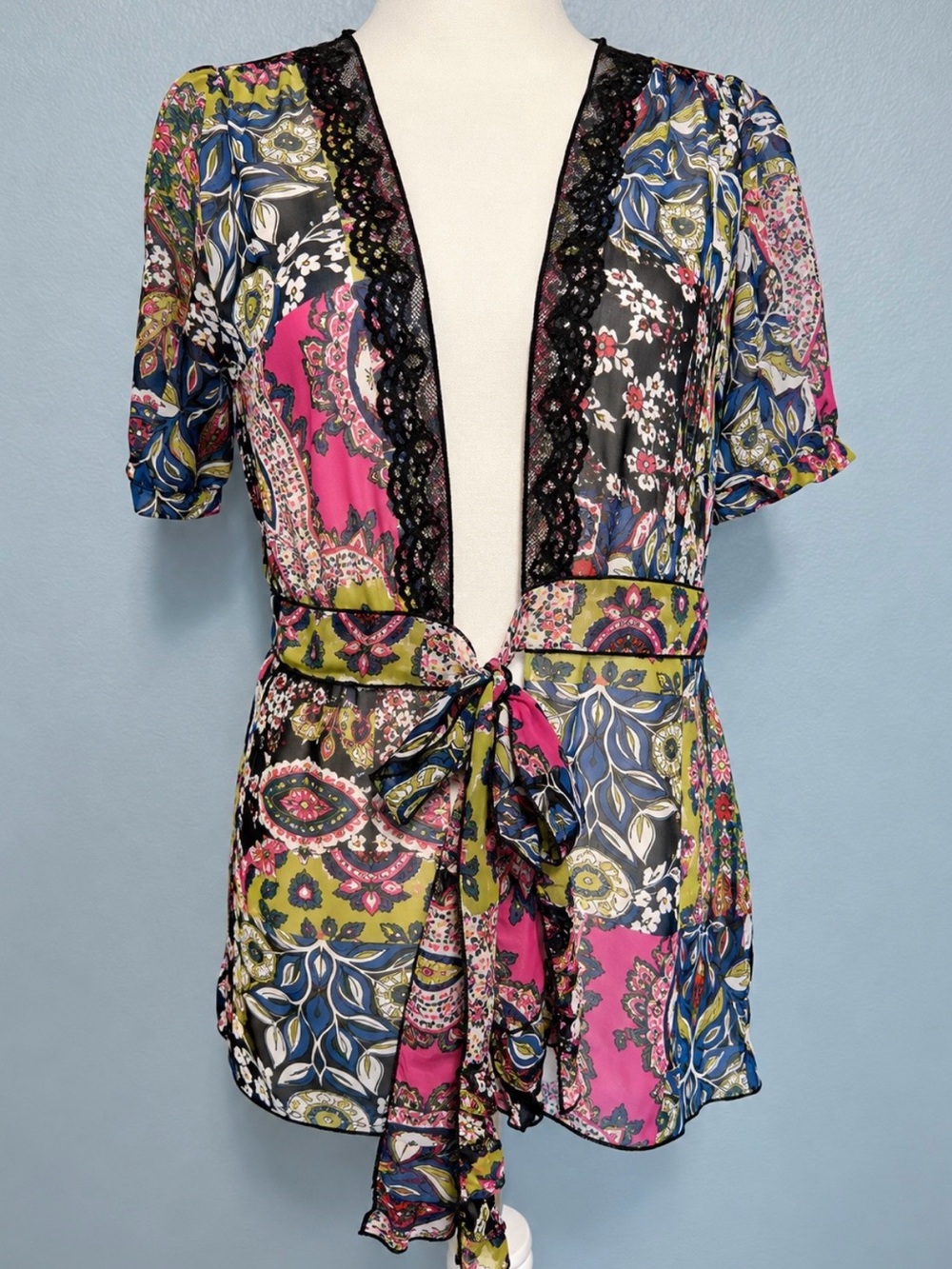 CAbi Patchwork Kimono Top Paisley Floral Lace Boho Festival Sheer Fairy Large